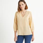 Blusa con cuello de pico, estampado de cuadros, mangas 3/4